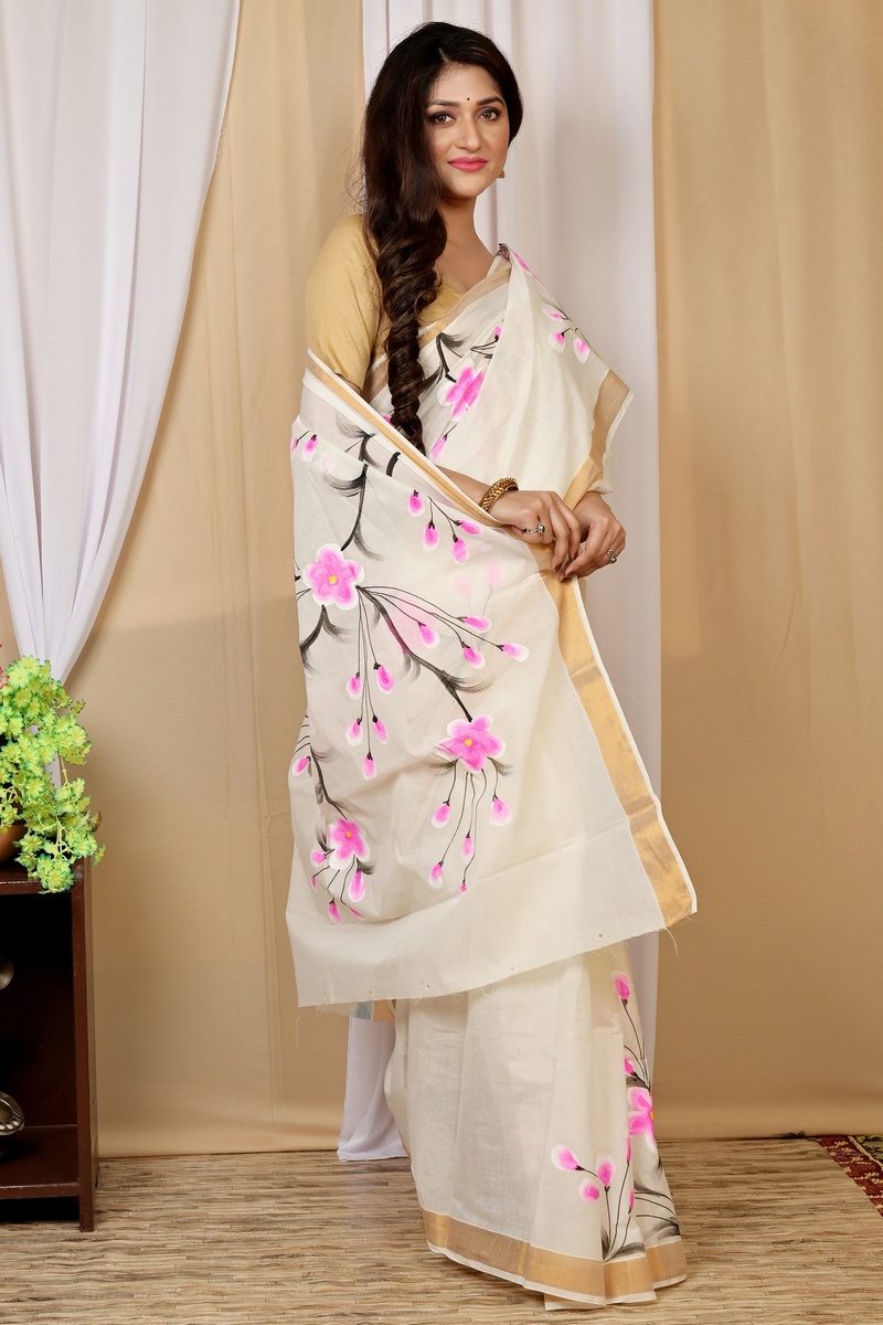 Multi-Coloured Pure Cotton Hataka Hand Painted Saree (9034)