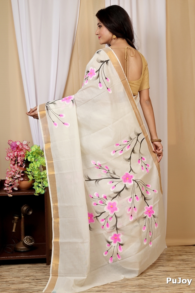 Multi-Coloured Pure Cotton Hataka Hand Painted Saree (9034)