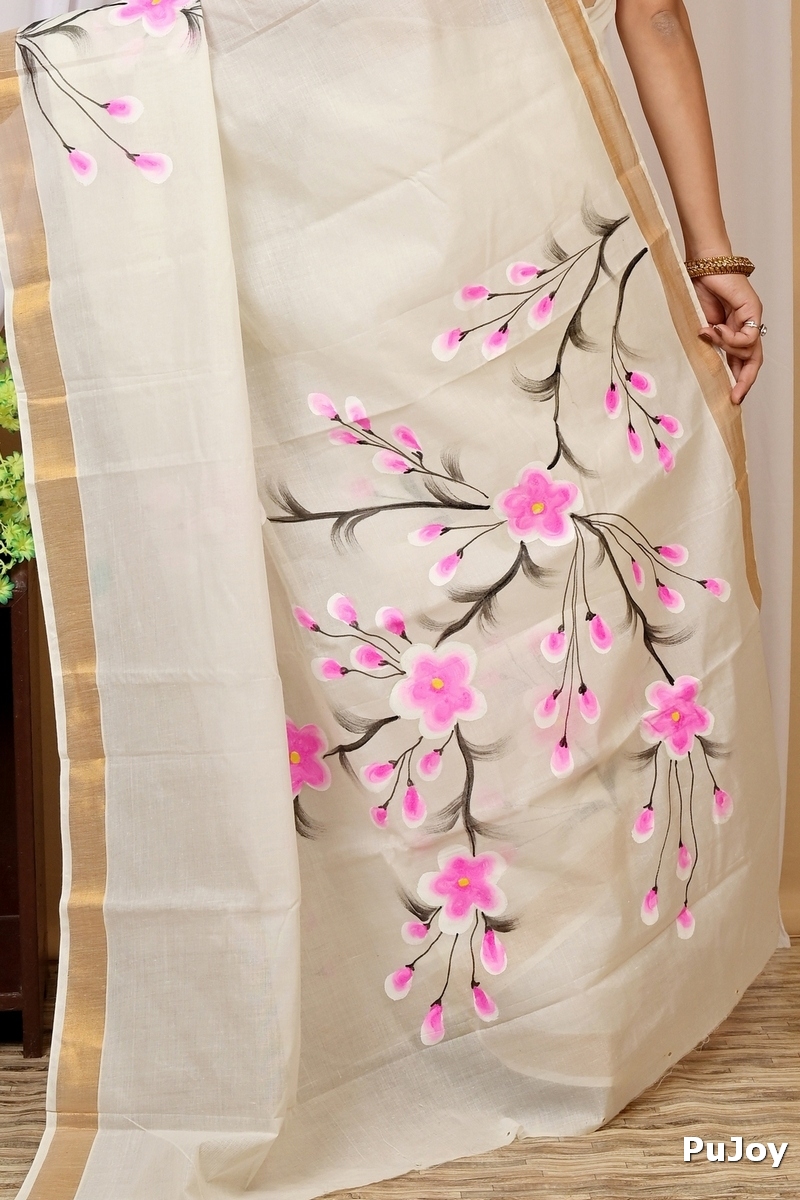 Multi-Coloured Pure Cotton Hataka Hand Painted Saree (9034)