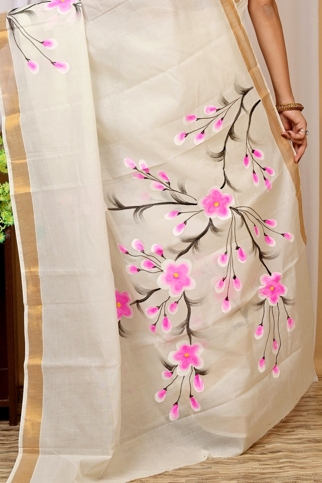Multi-Coloured Pure Cotton Hataka Hand Painted Saree (9034)