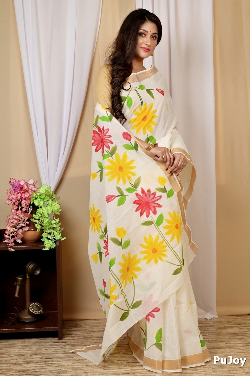 Multi-Coloured Pure Cotton Hataka Hand Painted Saree (9035)