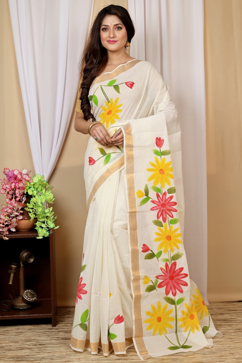 Multi-Coloured Pure Cotton Hataka Hand Painted Saree (9035)