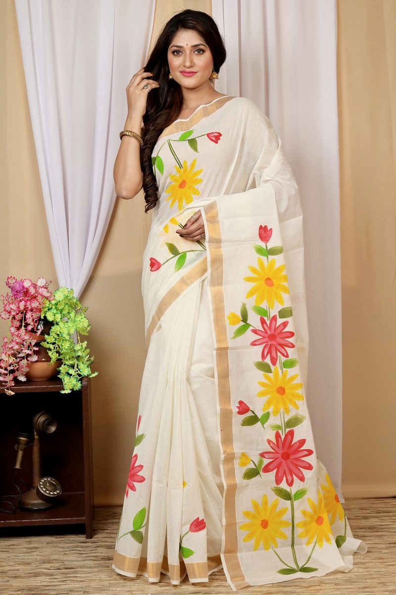 Multi-Coloured Pure Cotton Hataka Hand Painted Saree (9035)