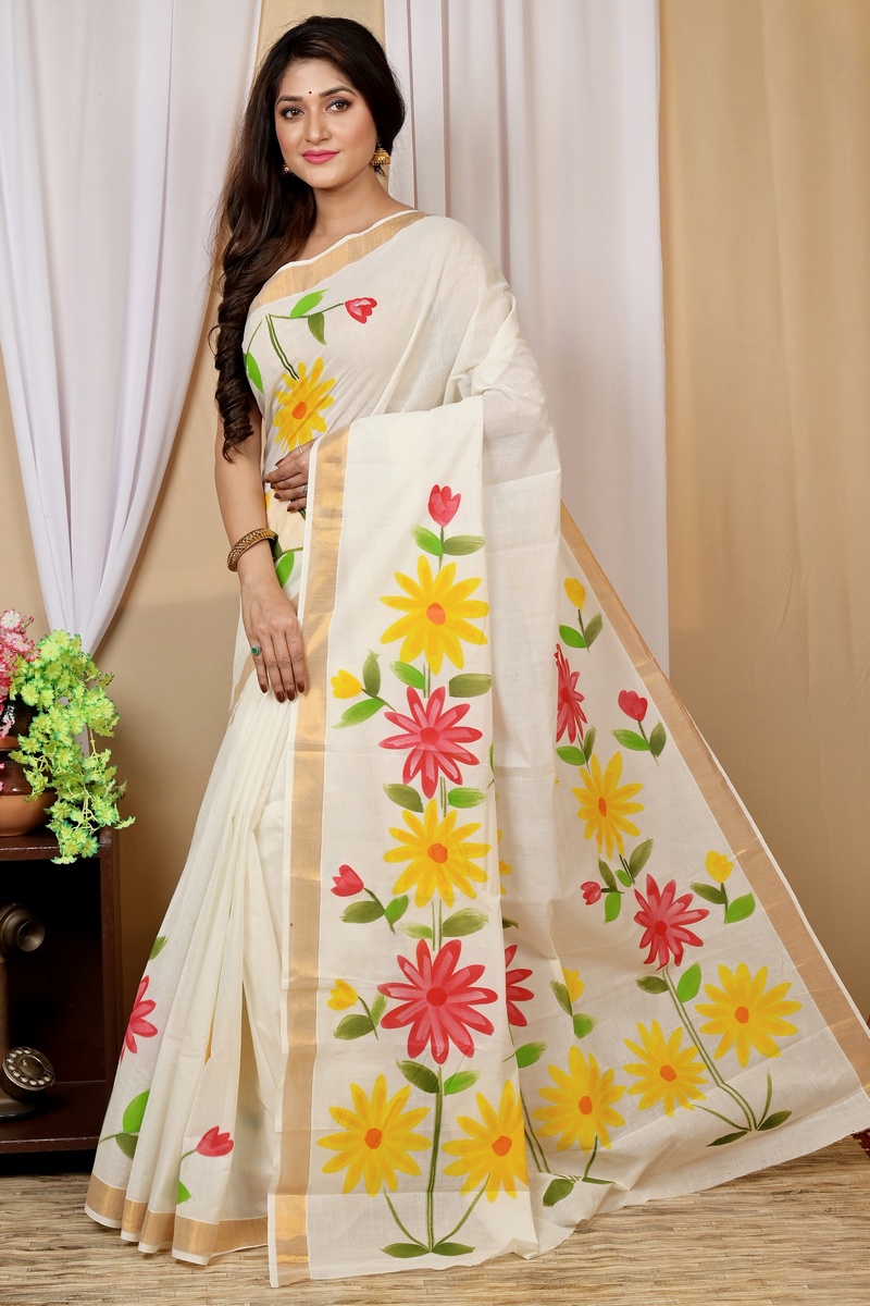 Multi-Coloured Pure Cotton Hataka Hand Painted Saree (9035)