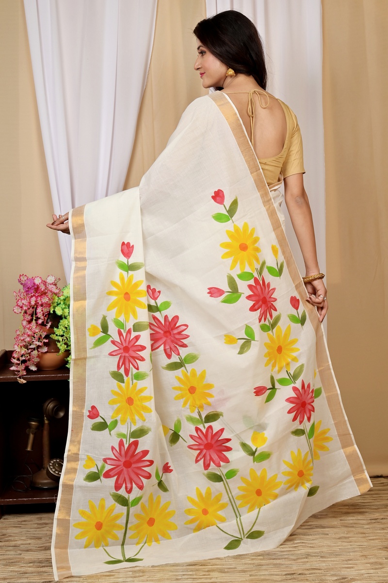 Multi-Coloured Pure Cotton Hataka Hand Painted Saree (9035)