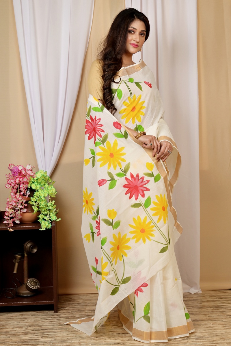Multi-Coloured Pure Cotton Hataka Hand Painted Saree (9035)