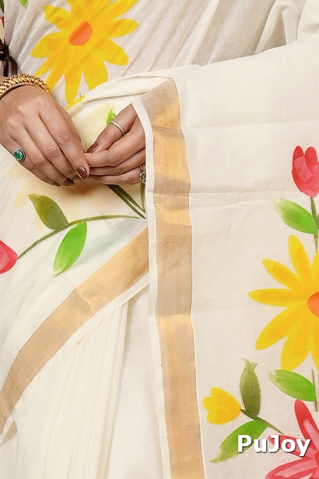 Multi-Coloured Pure Cotton Hataka Hand Painted Saree (9035)