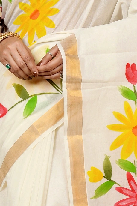 Multi-Coloured Pure Cotton Hataka Hand Painted Saree (9035)