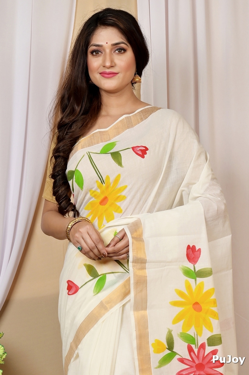 Multi-Coloured Pure Cotton Hataka Hand Painted Saree (9035)