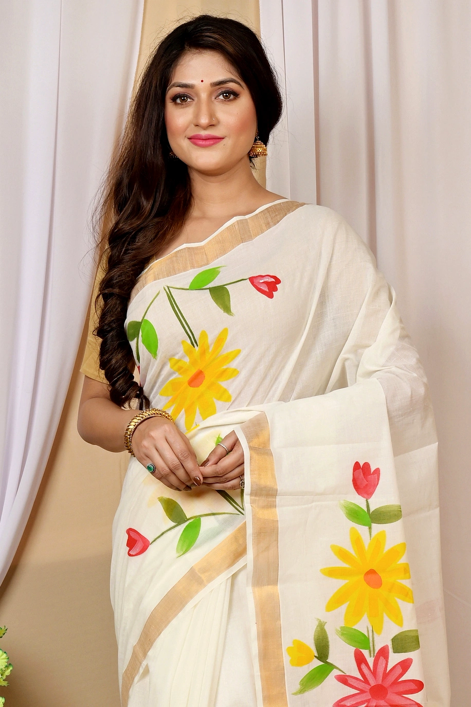 Multi-Coloured Pure Cotton Hataka Hand Painted Saree (9035)