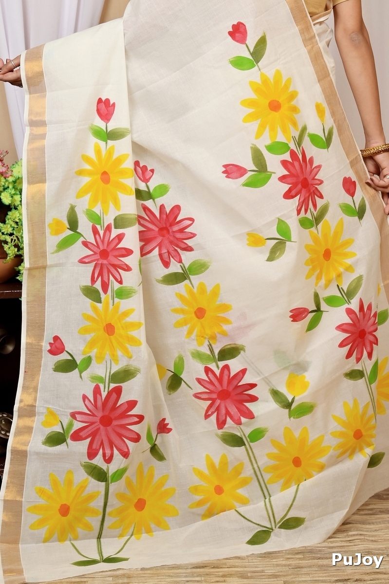 Multi-Coloured Pure Cotton Hataka Hand Painted Saree (9035)