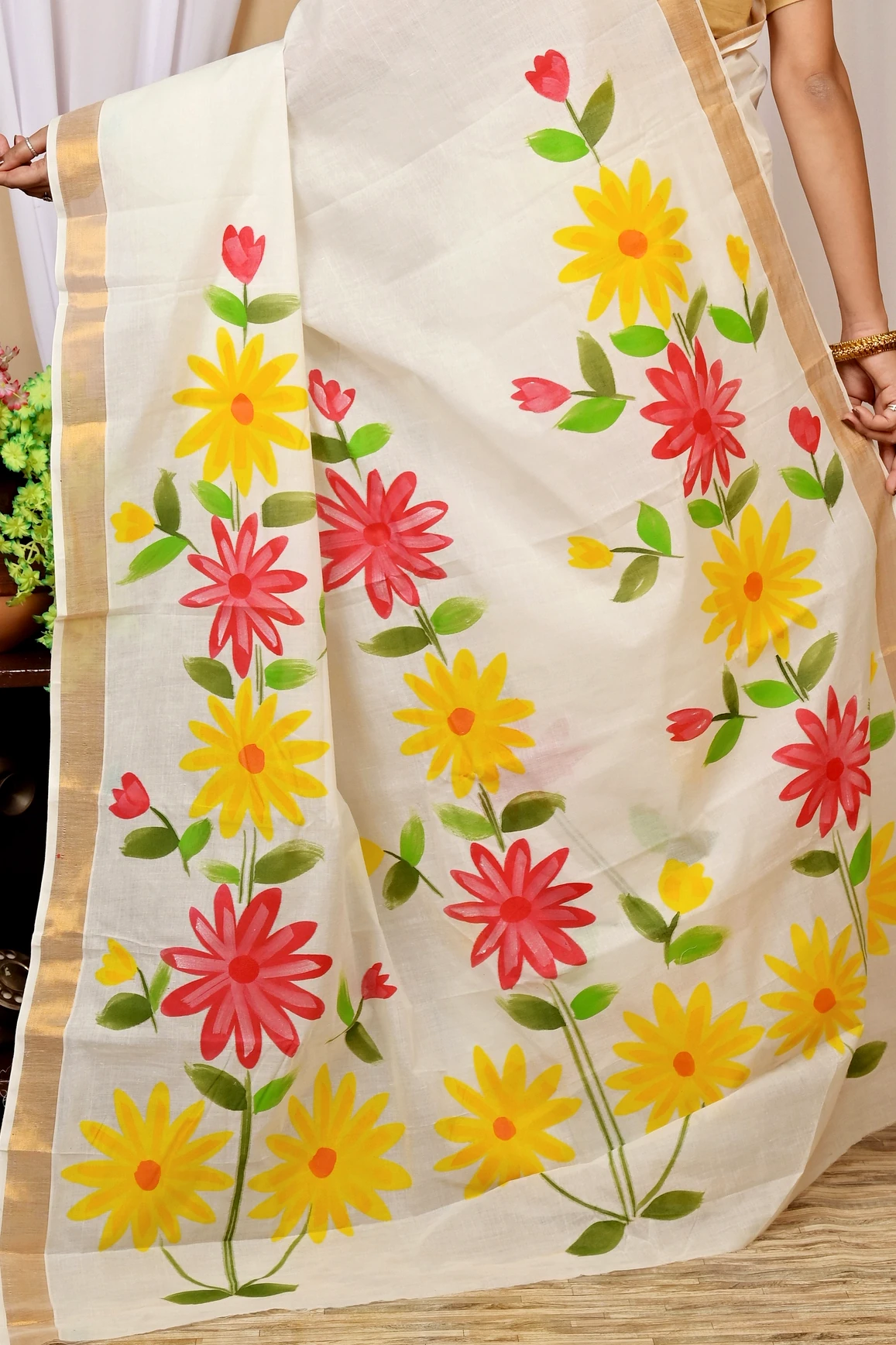 Multi-Coloured Pure Cotton Hataka Hand Painted Saree (9035)