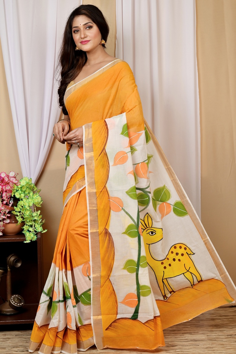 Multi-Coloured Pure Cotton Hataka Hand Painted Saree (9036)