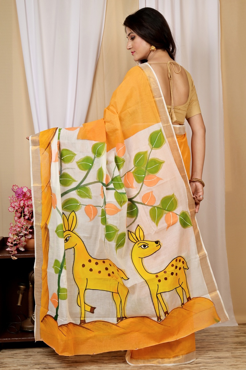 Multi-Coloured Pure Cotton Hataka Hand Painted Saree (9036)