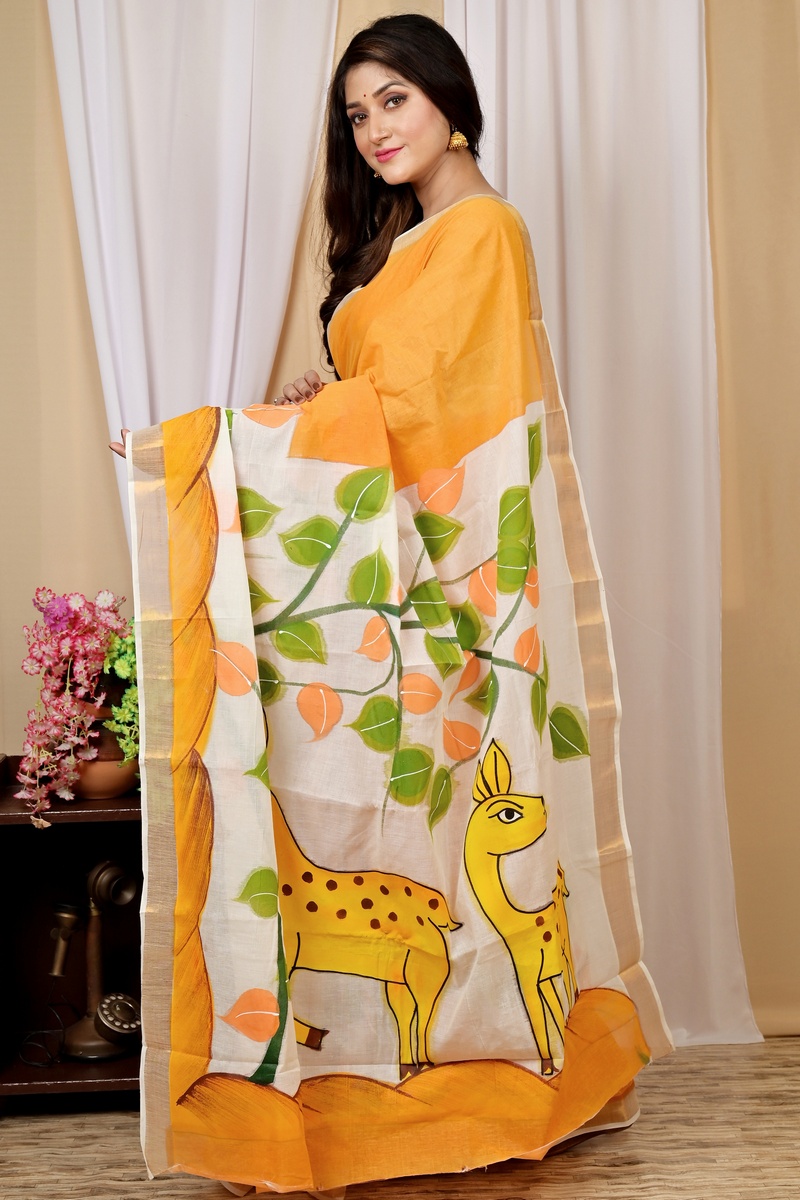 Multi-Coloured Pure Cotton Hataka Hand Painted Saree (9036)