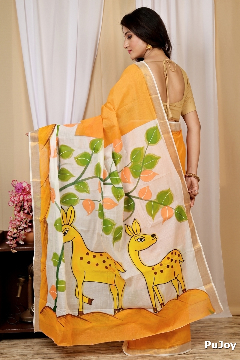Multi-Coloured Pure Cotton Hataka Hand Painted Saree (9036)