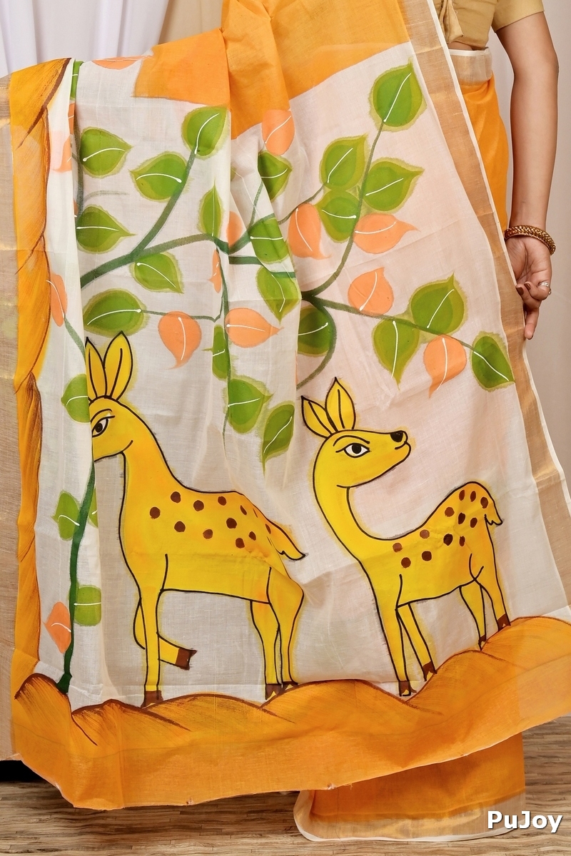 Multi-Coloured Pure Cotton Hataka Hand Painted Saree (9036)