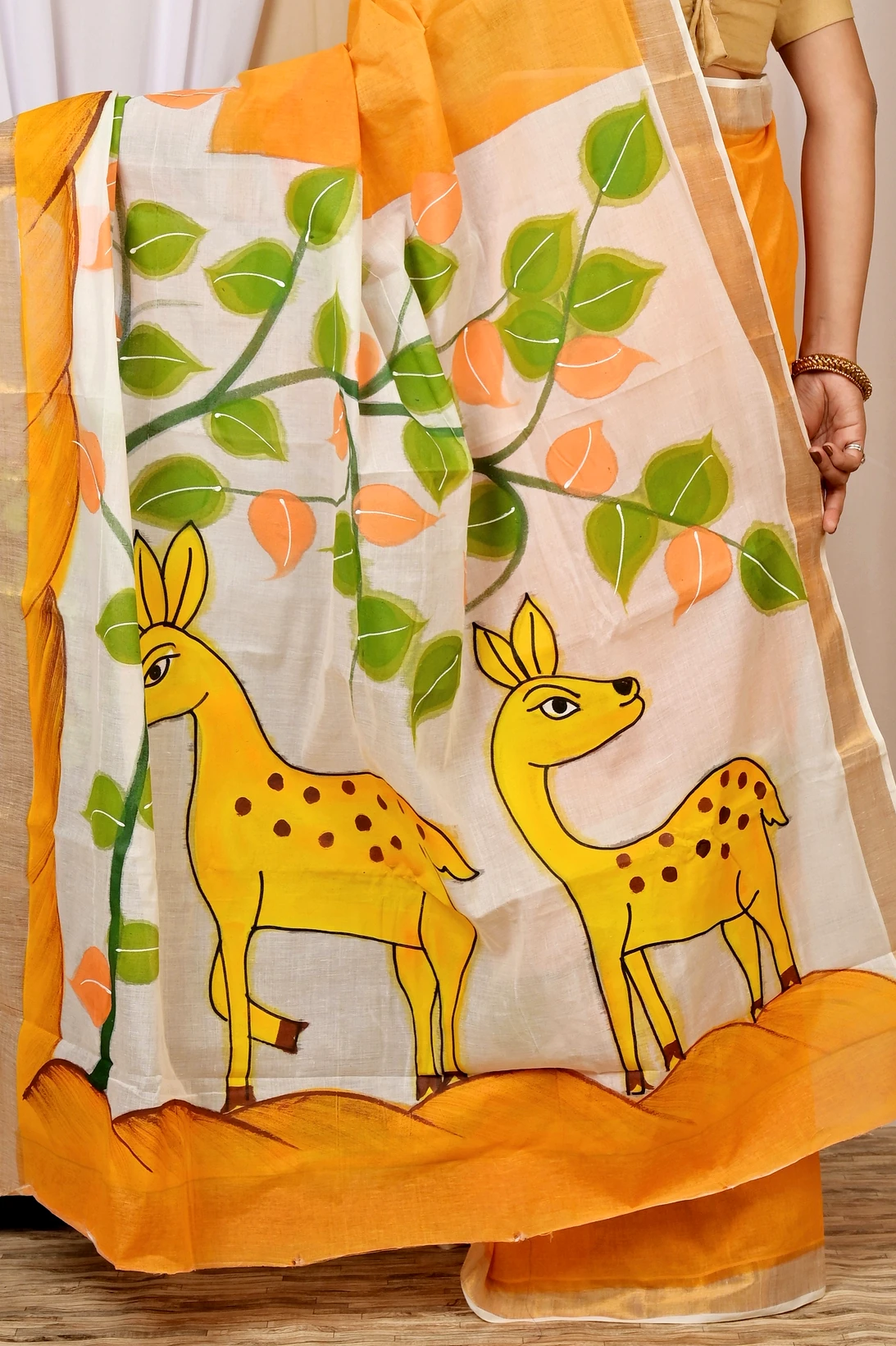Multi-Coloured Pure Cotton Hataka Hand Painted Saree (9036)