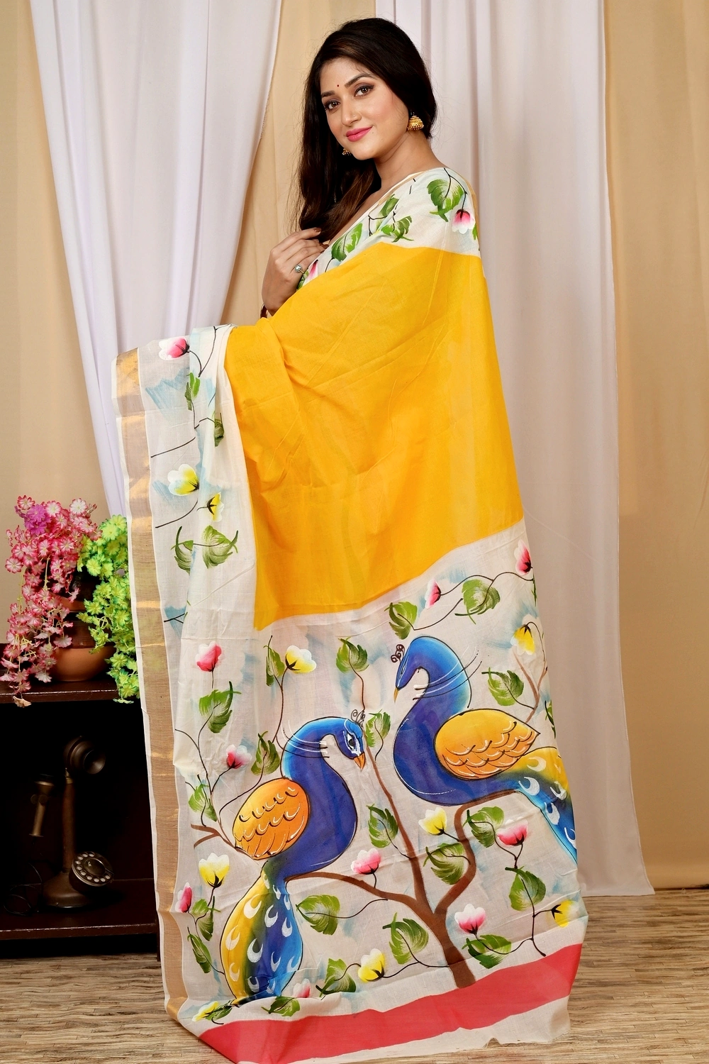 Multi-Coloured Pure Cotton Hataka Hand Painted Saree (9037)