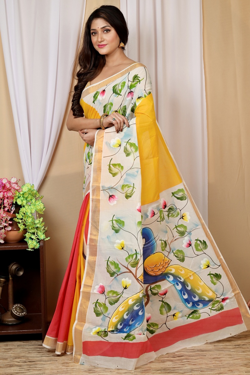 Multi-Coloured Pure Cotton Hataka Hand Painted Saree (9037)