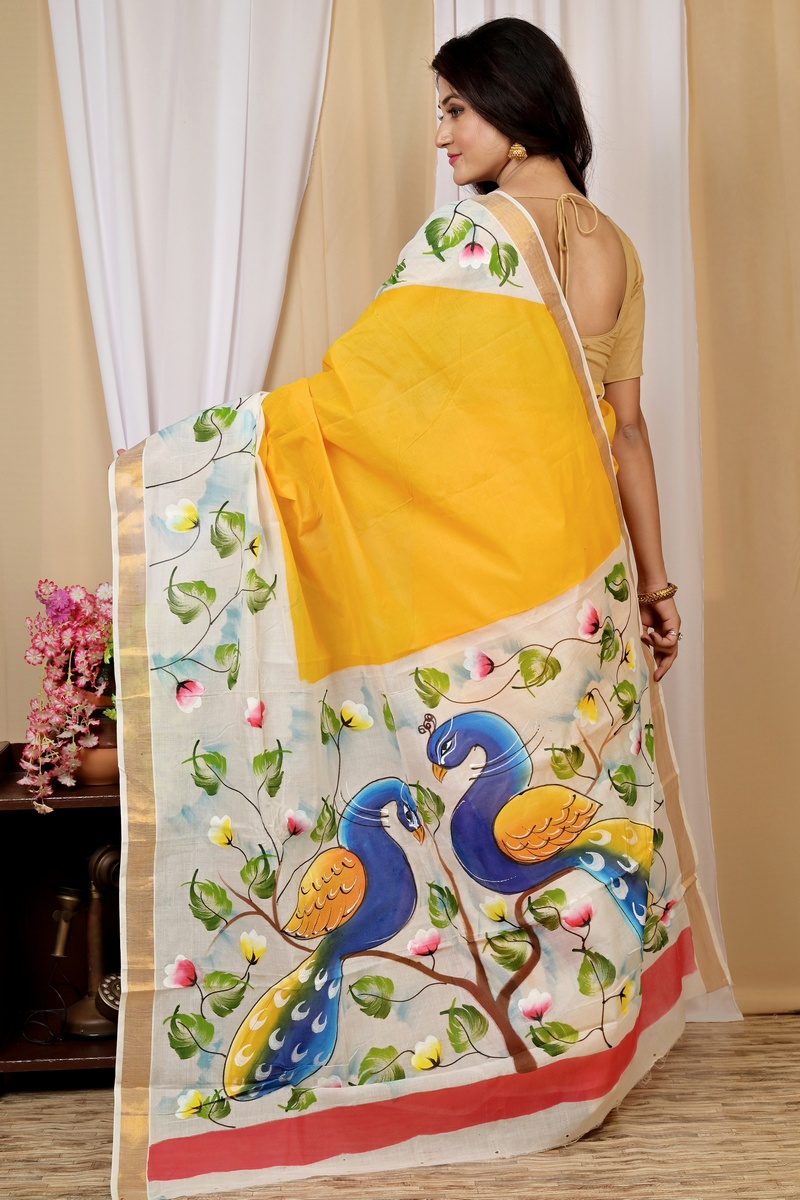 Multi-Coloured Pure Cotton Hataka Hand Painted Saree (9037)