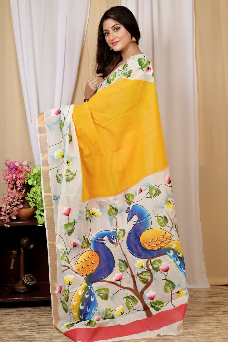 Multi-Coloured Pure Cotton Hataka Hand Painted Saree (9037)