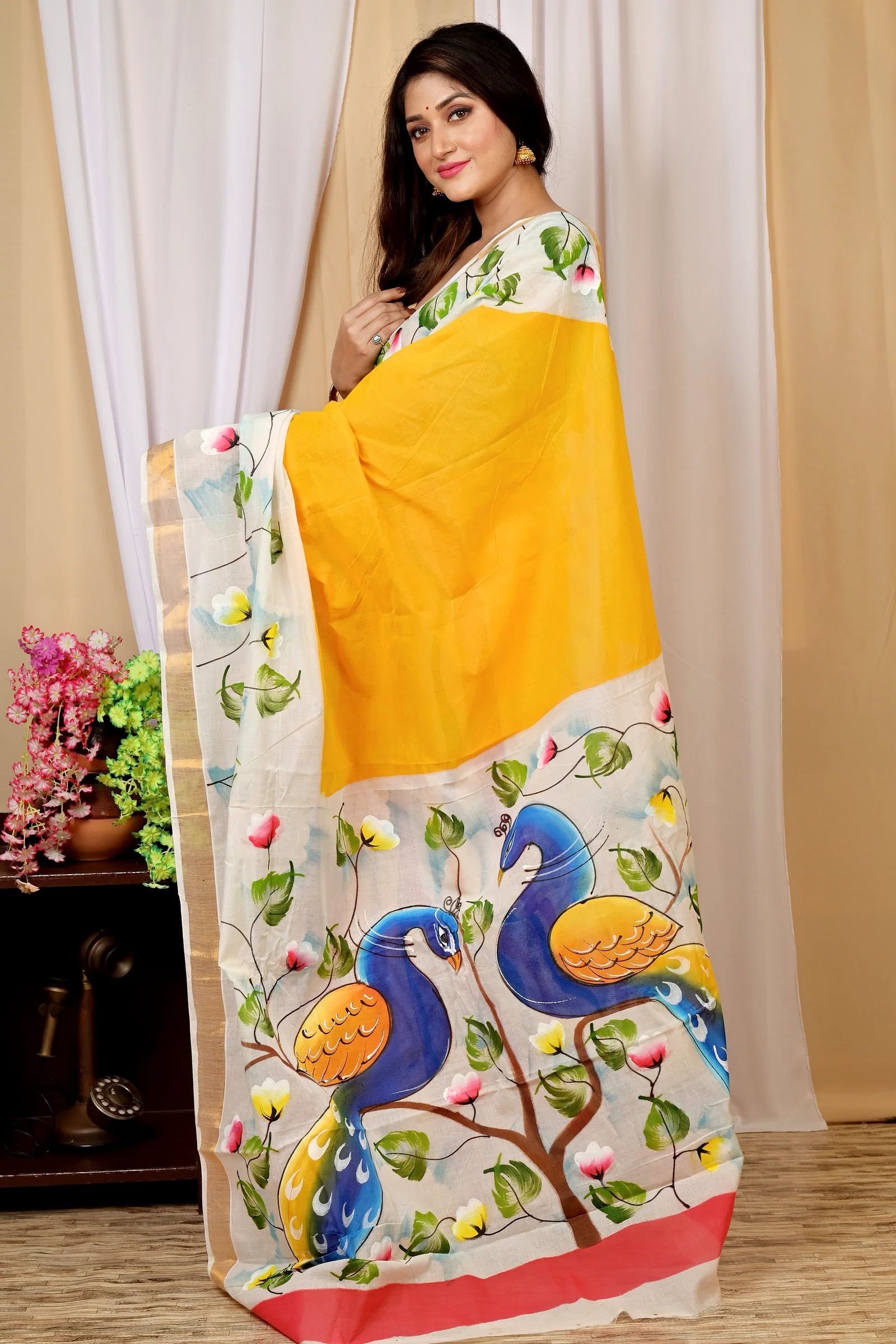 Multi-Coloured Pure Cotton Hataka Hand Painted Saree (9037)