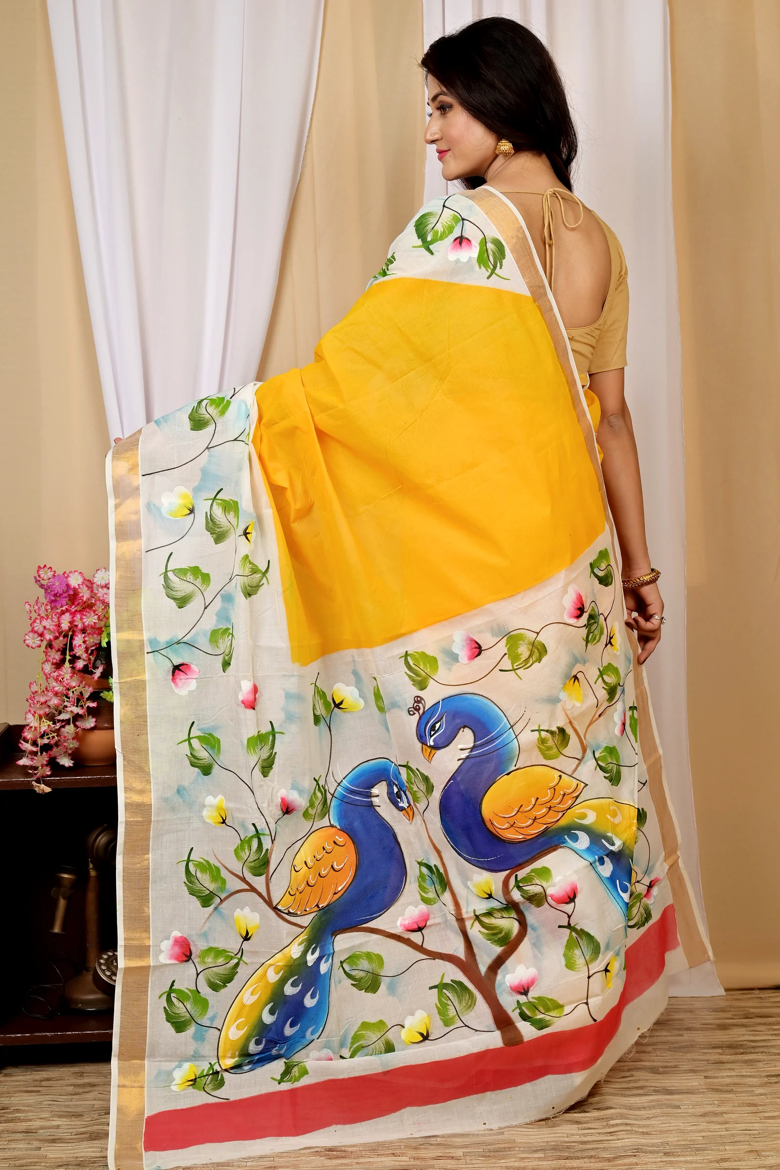Multi-Coloured Pure Cotton Hataka Hand Painted Saree (9037)