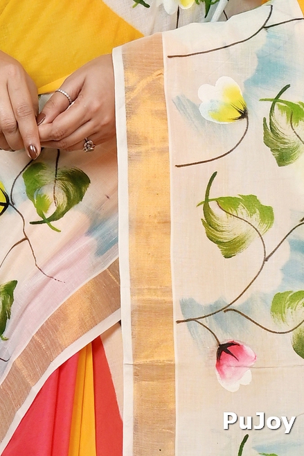 Multi-Coloured Pure Cotton Hataka Hand Painted Saree (9037)