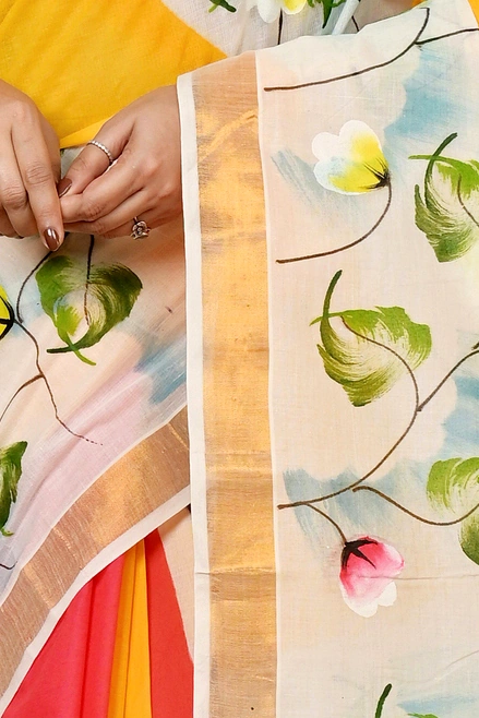 Multi-Coloured Pure Cotton Hataka Hand Painted Saree (9037)
