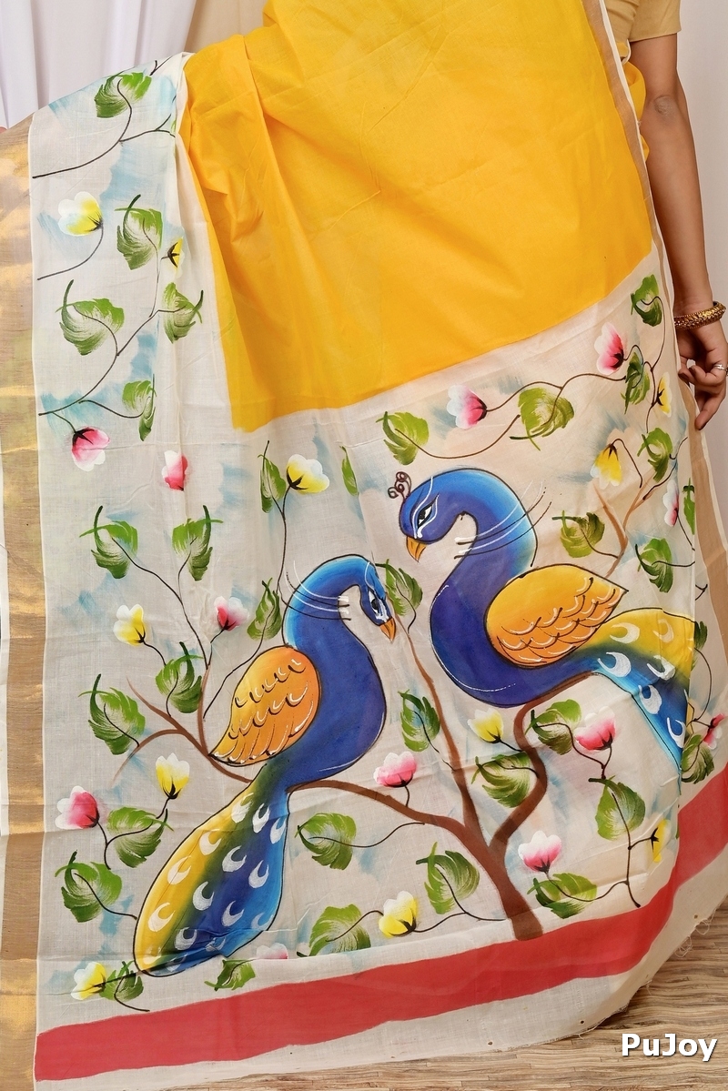 Multi-Coloured Pure Cotton Hataka Hand Painted Saree (9037)