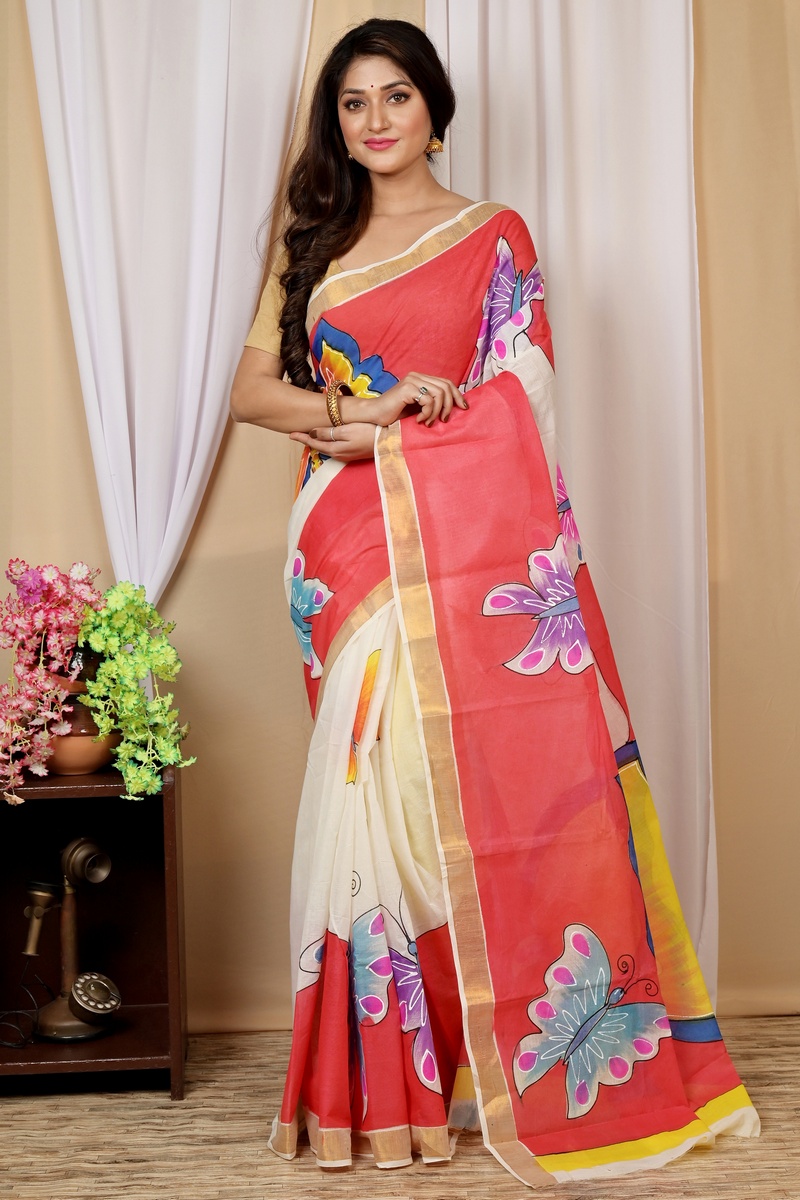 Multi-Coloured Pure Cotton Hataka Hand Painted Saree (9038)