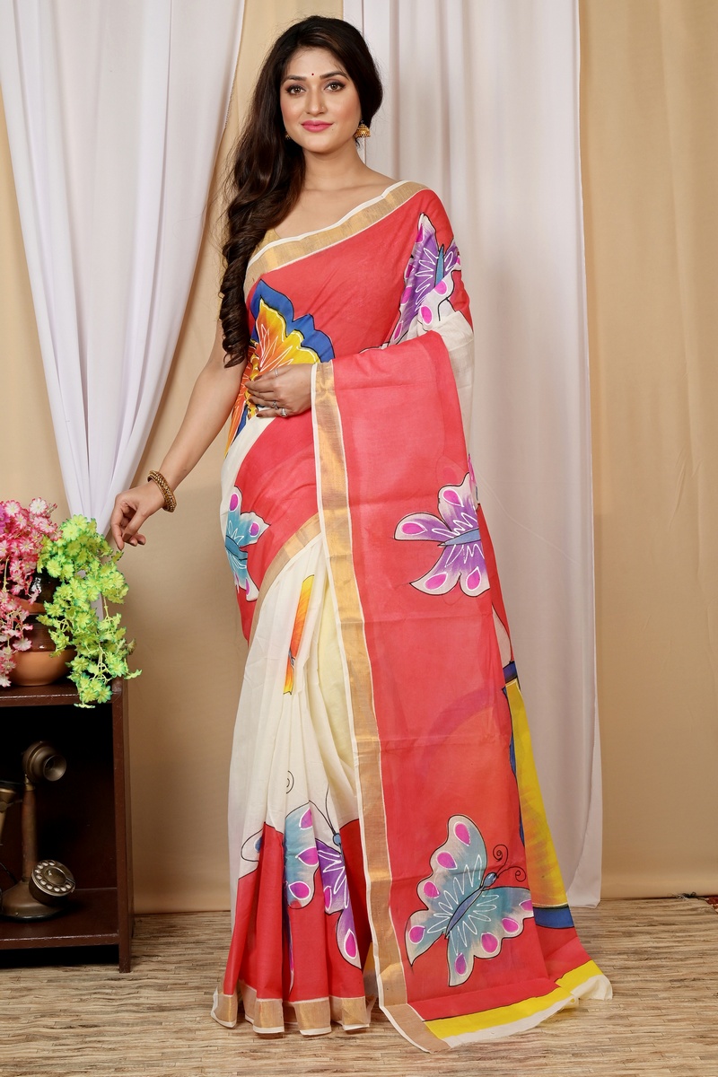 Multi-Coloured Pure Cotton Hataka Hand Painted Saree (9038)