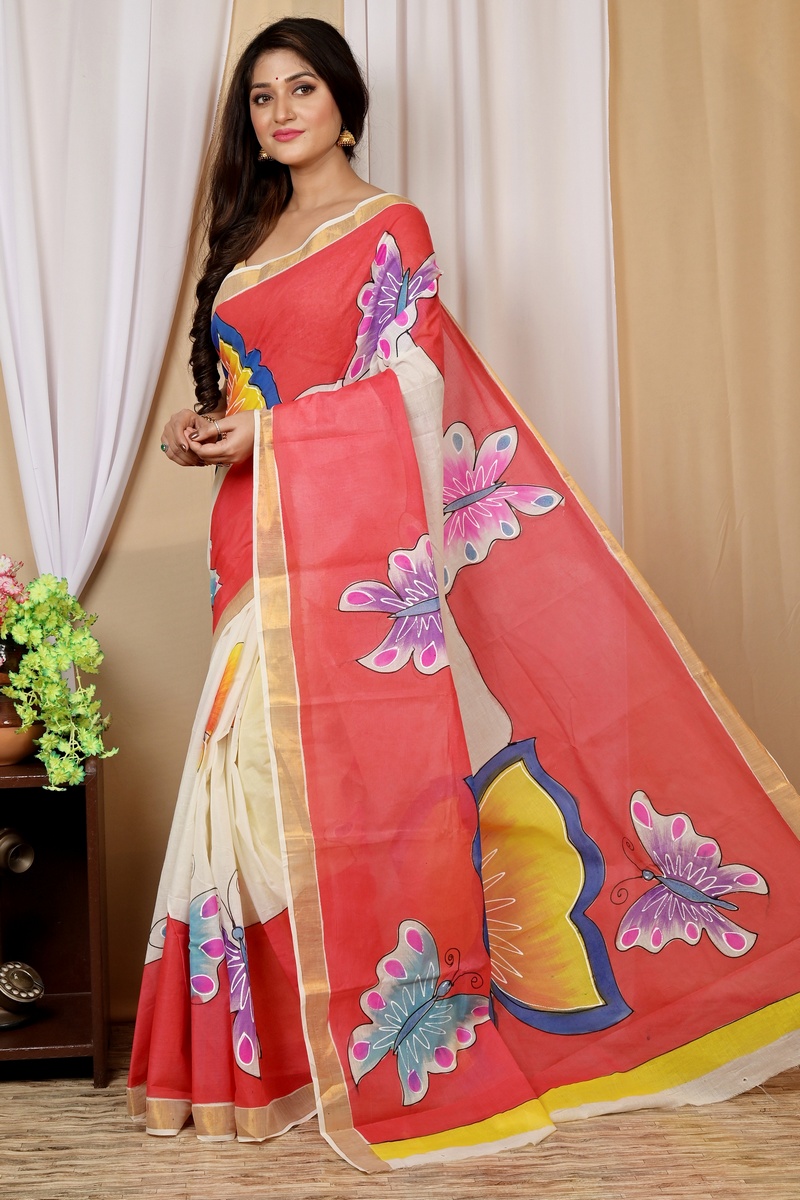 Multi-Coloured Pure Cotton Hataka Hand Painted Saree (9038)