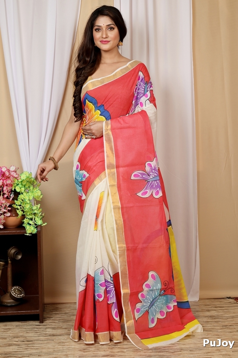 Multi-Coloured Pure Cotton Hataka Hand Painted Saree (9038)