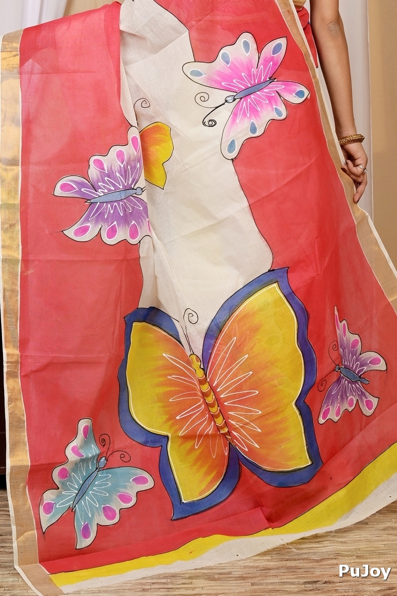 Multi-Coloured Pure Cotton Hataka Hand Painted Saree (9038)