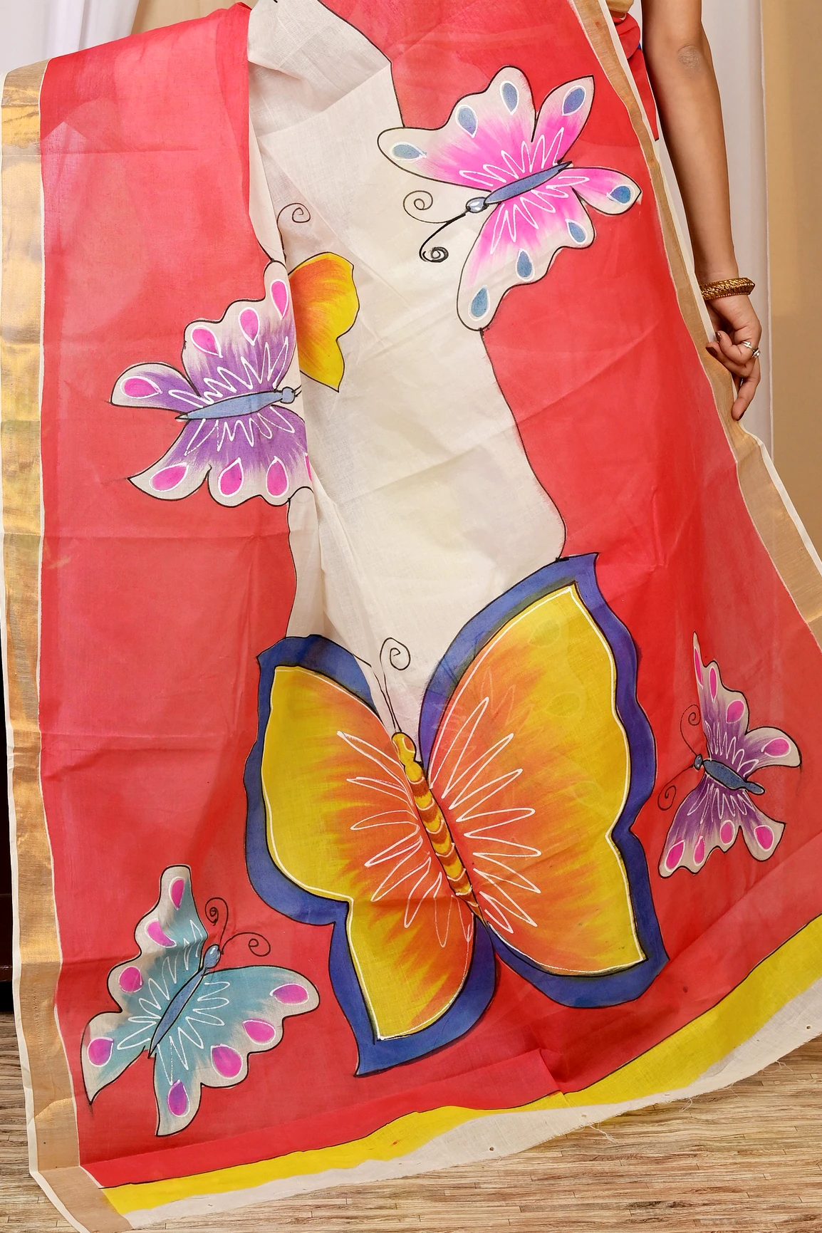 Multi-Coloured Pure Cotton Hataka Hand Painted Saree (9038)