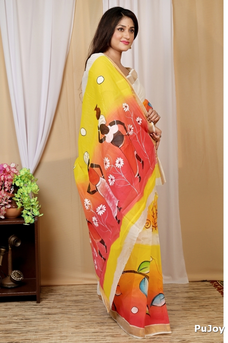Multi-Coloured Pure Cotton Hataka Hand Painted Saree (9039)