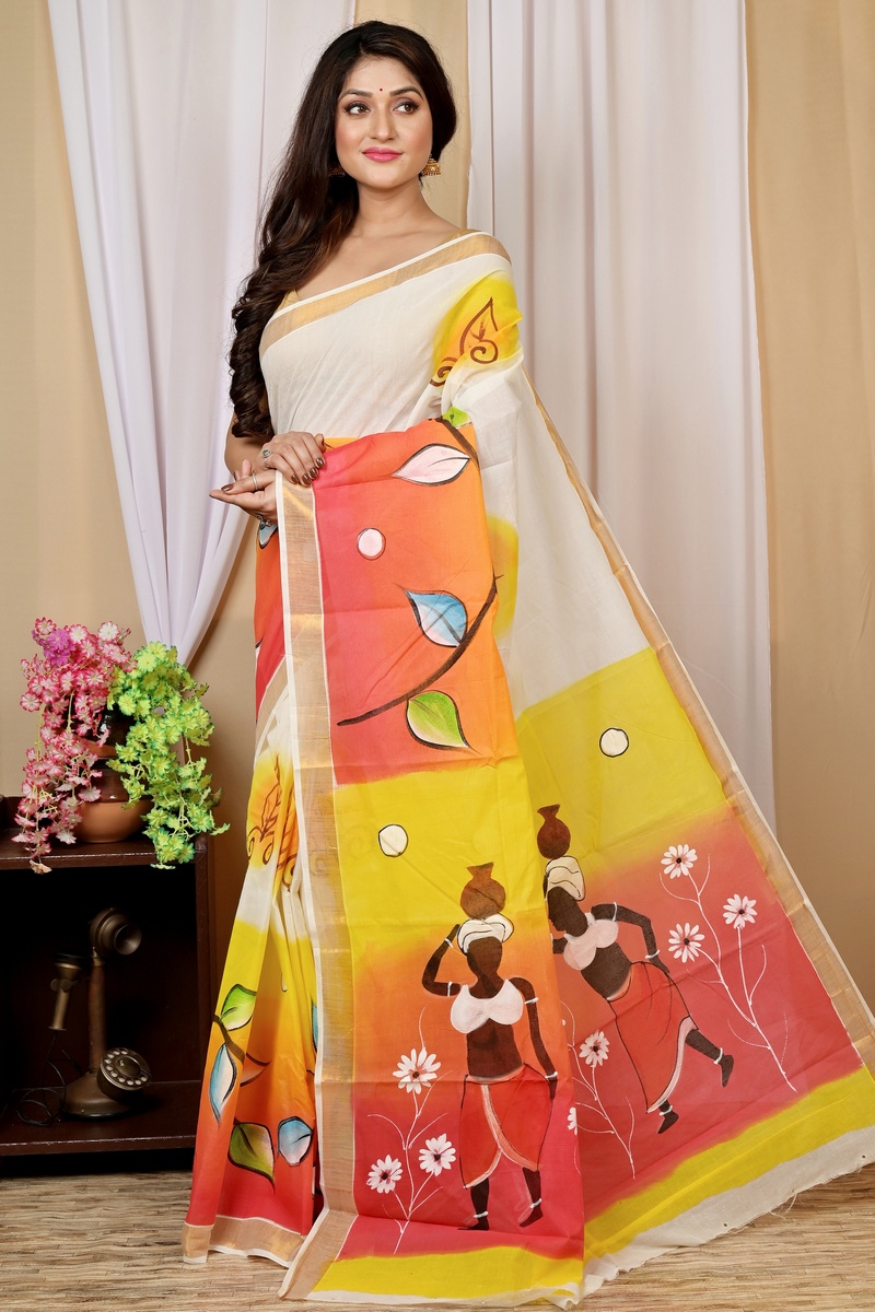 Multi-Coloured Pure Cotton Hataka Hand Painted Saree (9039)