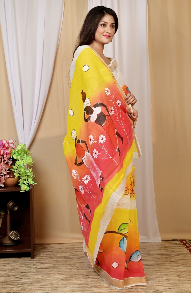 Multi-Coloured Pure Cotton Hataka Hand Painted Saree (9039)