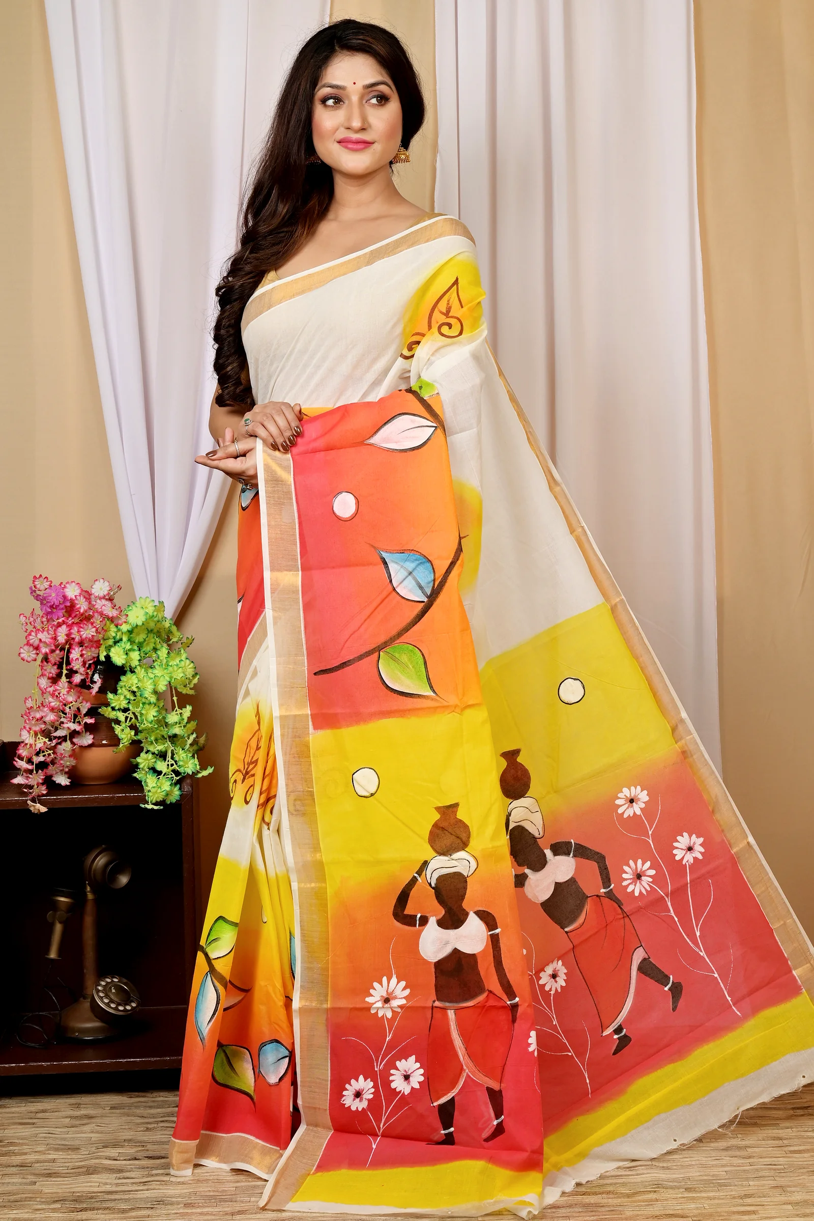 Multi-Coloured Pure Cotton Hataka Hand Painted Saree (9039)