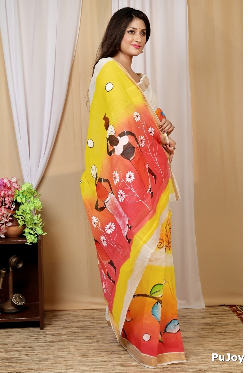 Multi-Coloured Pure Cotton Hataka Hand Painted Saree (9039)