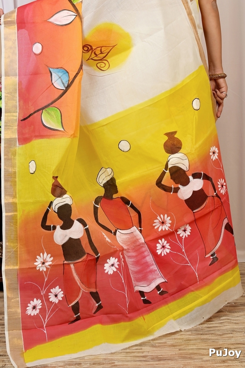 Multi-Coloured Pure Cotton Hataka Hand Painted Saree (9039)
