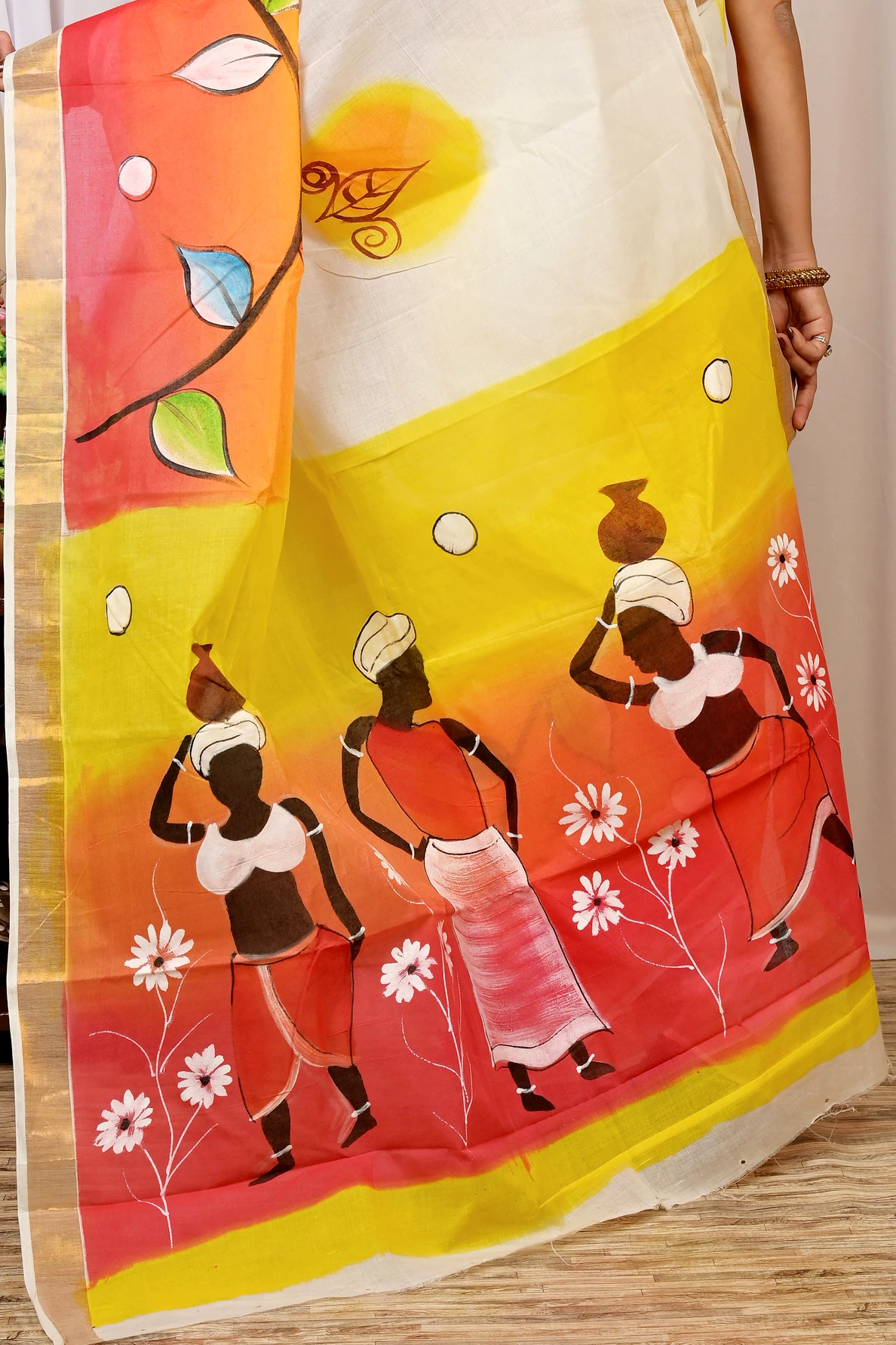 Multi-Coloured Pure Cotton Hataka Hand Painted Saree (9039)