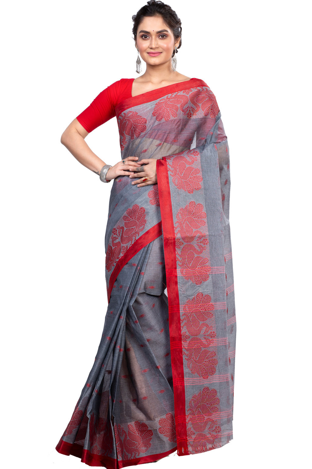 Gray Pure Cotton MOYUR PAR Tant Saree (904)