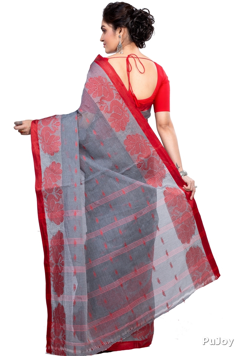 Gray Pure Cotton MOYUR PAR Tant Saree (904)