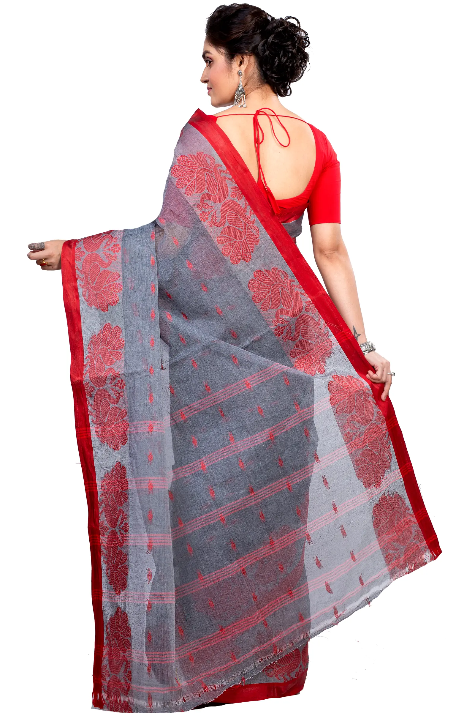 Gray Pure Cotton MOYUR PAR Tant Saree (904)