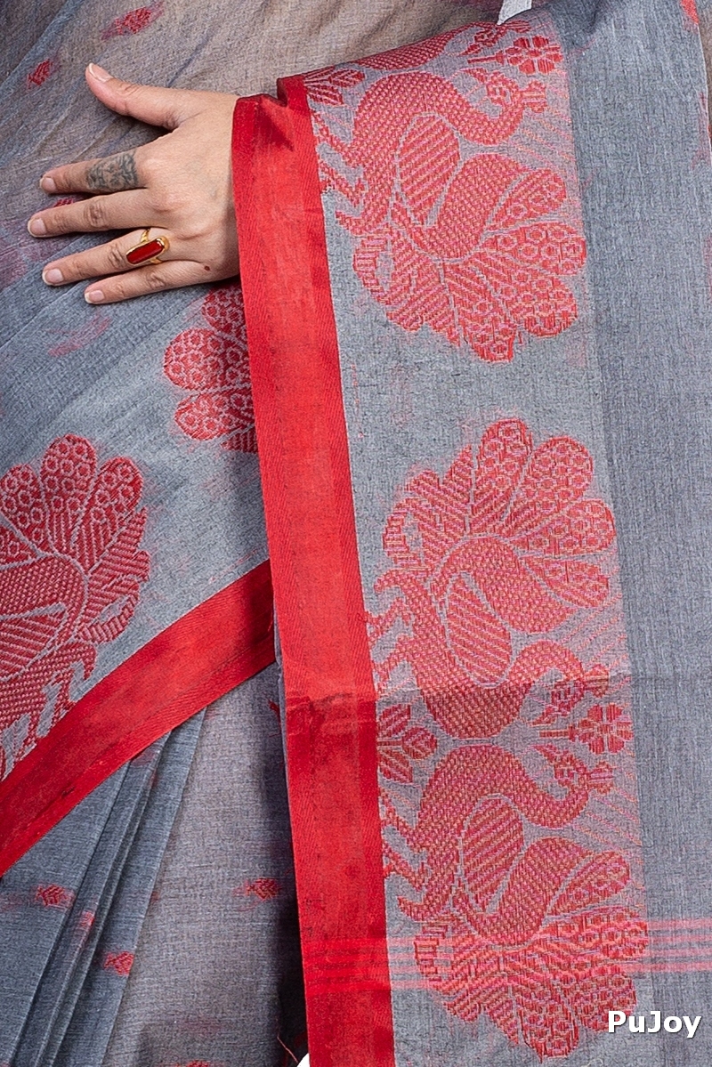 Gray Pure Cotton MOYUR PAR Tant Saree (904)