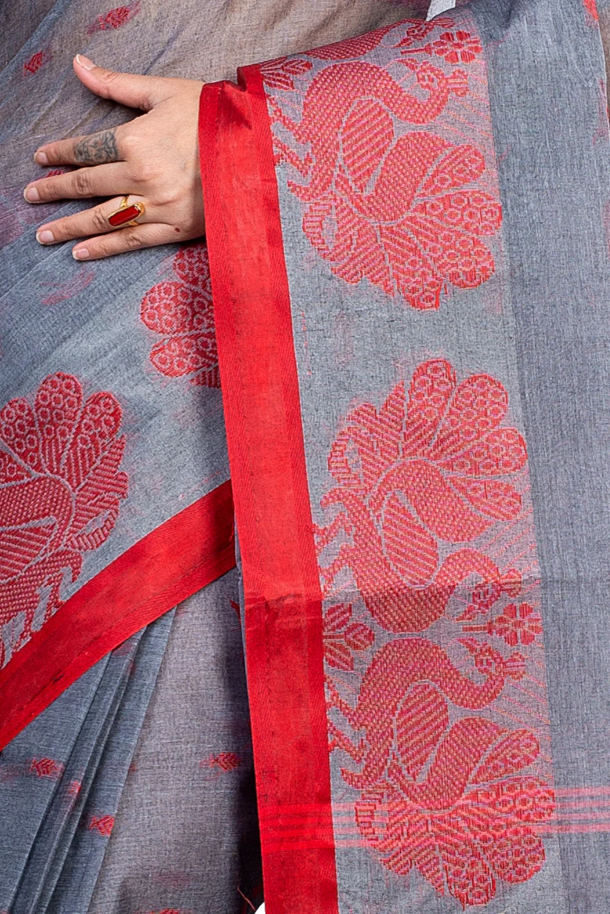 Gray Pure Cotton MOYUR PAR Tant Saree (904)