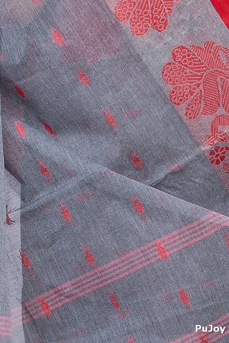 Gray Pure Cotton MOYUR PAR Tant Saree (904)